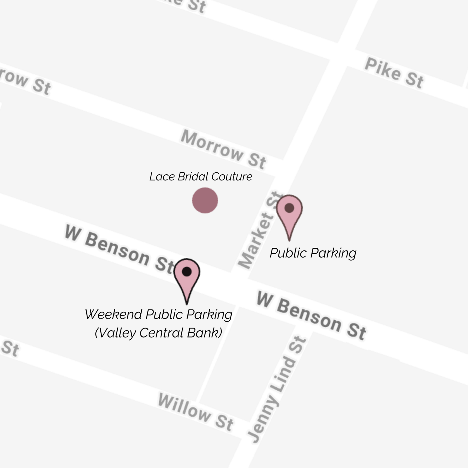 Parking map showing Lace Bridal Couture on West Benson Street, public parking at Market Street, and weekend parking at Valley Central Bank
